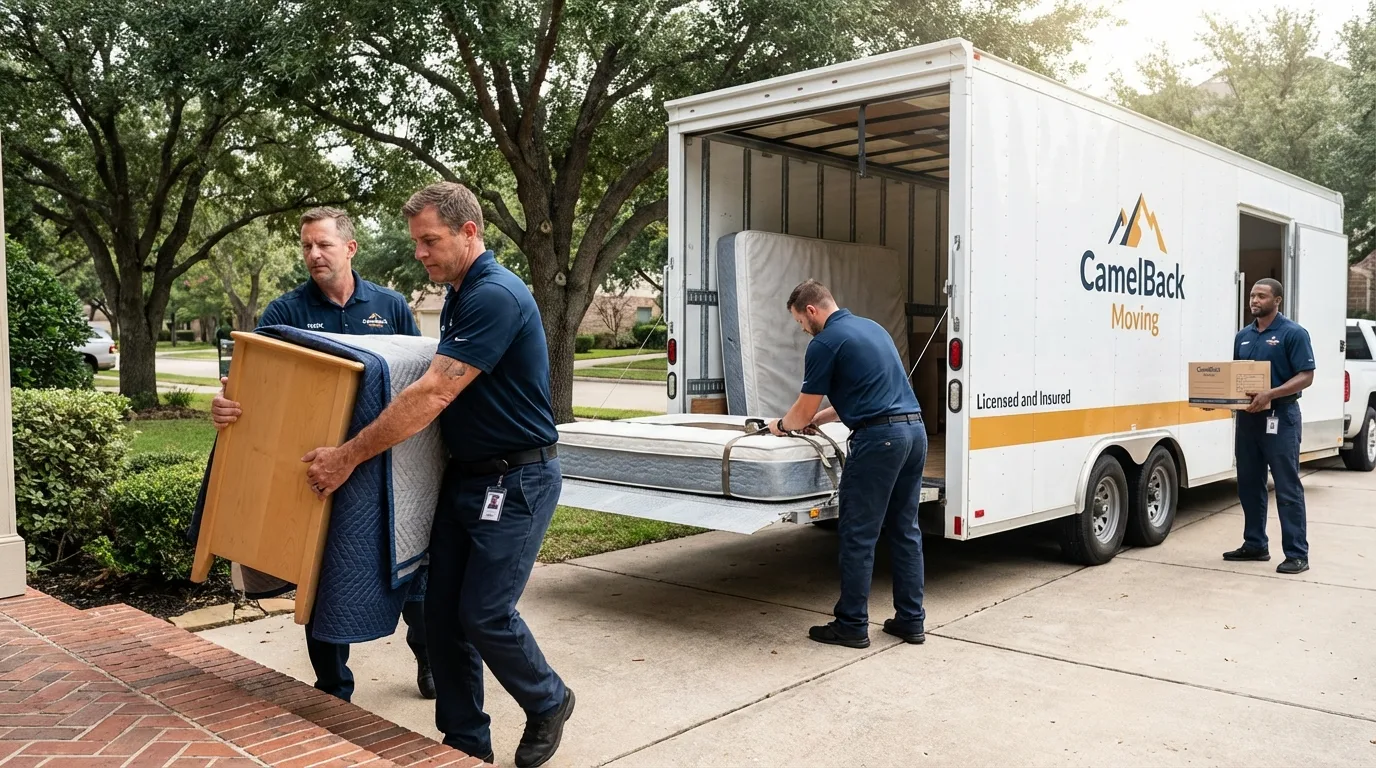 Crew loading residential truck for cross-state move from Niland, CA