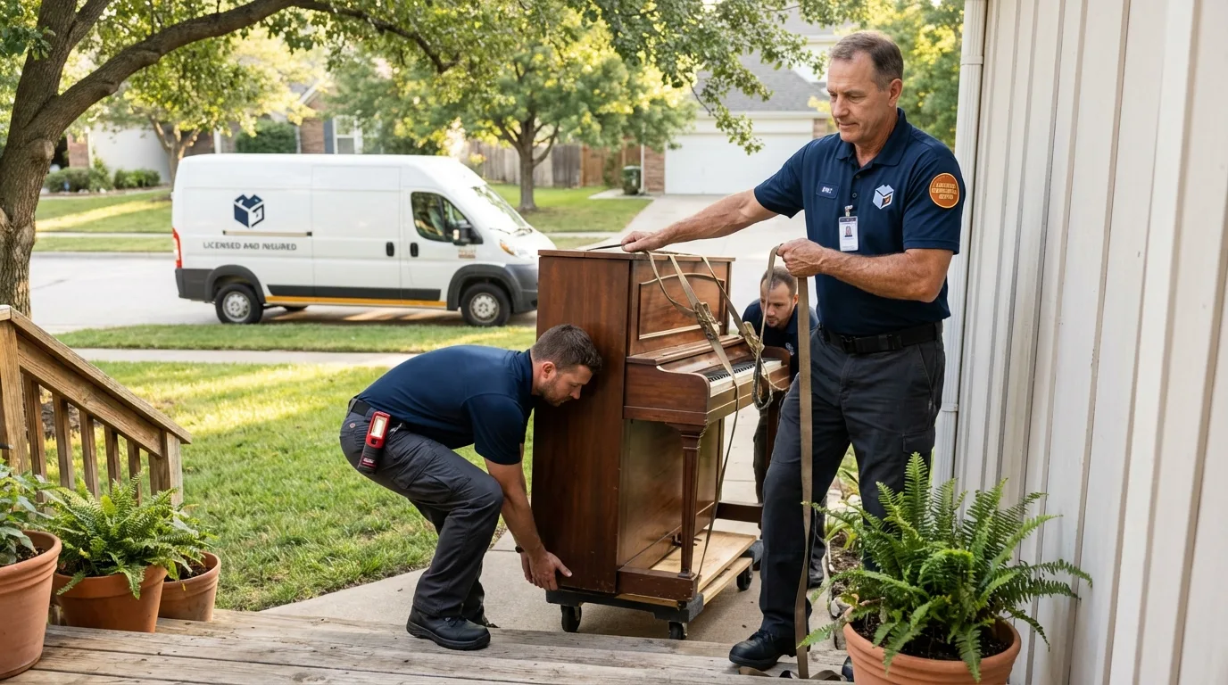 Licensed piano movers securing grand piano in Niland, CA