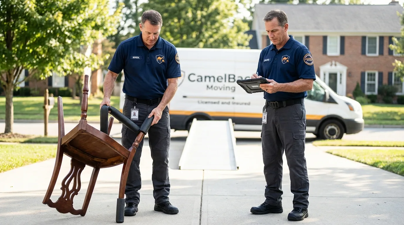 Movers inspecting furniture for damage prevention before loading in Niland, CA