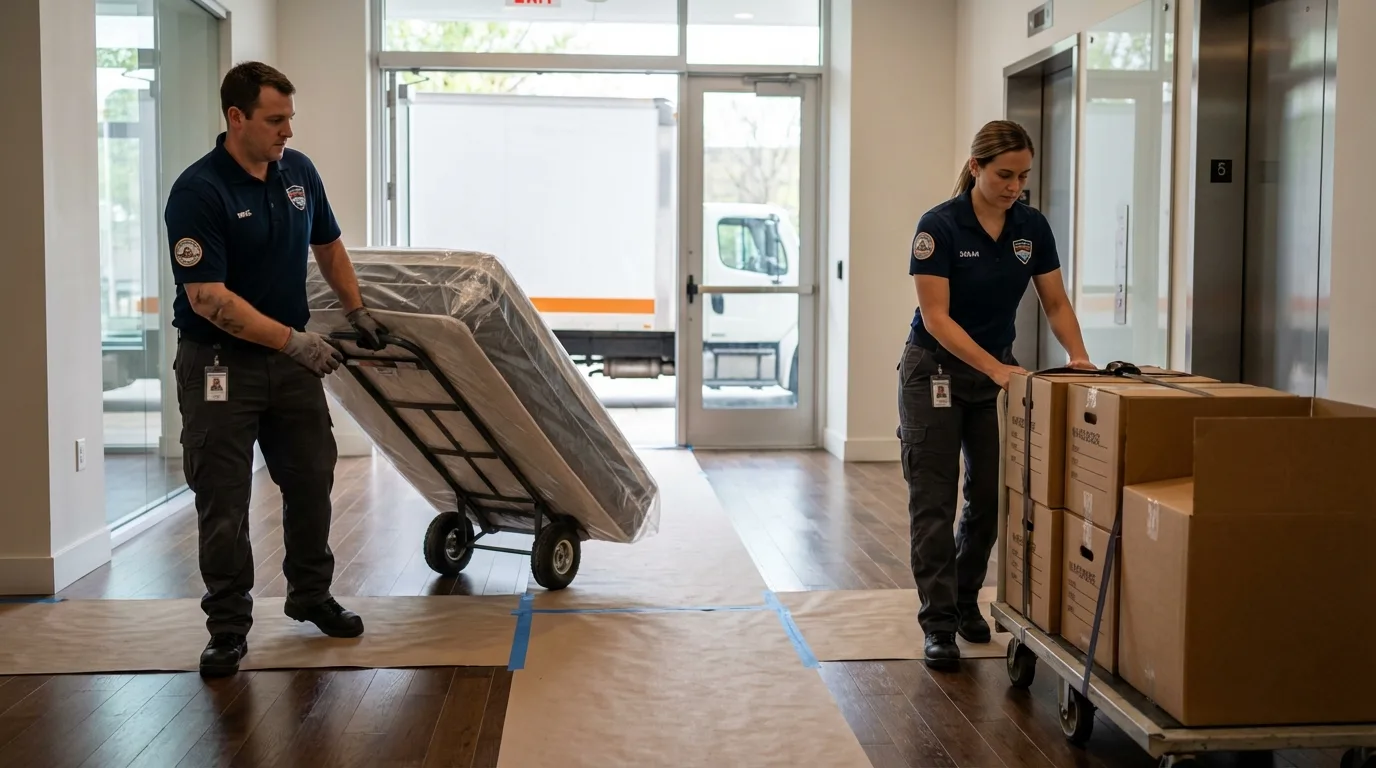 Professional apartment movers loading elevator in Niland, CA