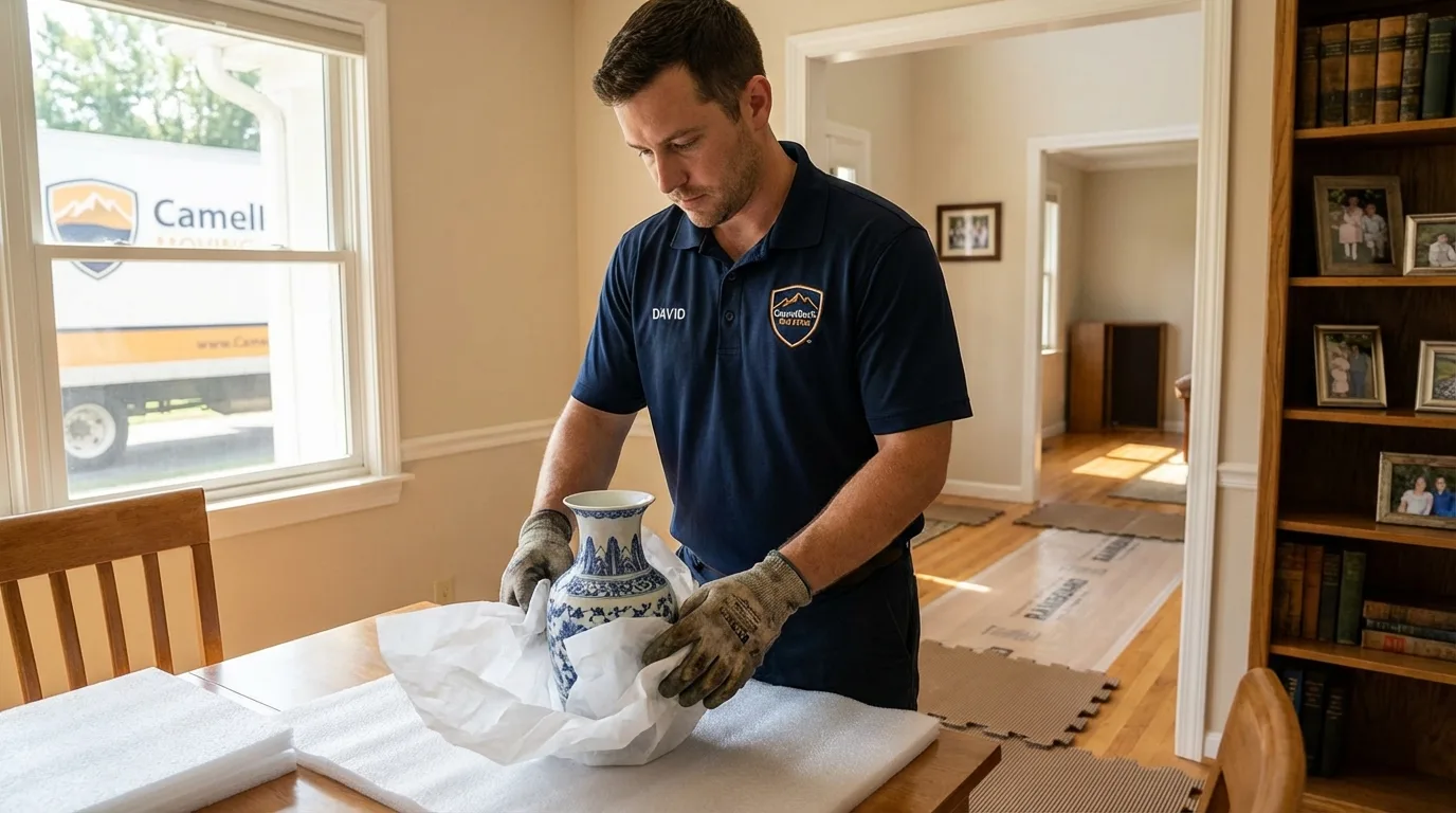 Professional crew carefully wrapping antique vase for senior downsizing move in Niland, CA